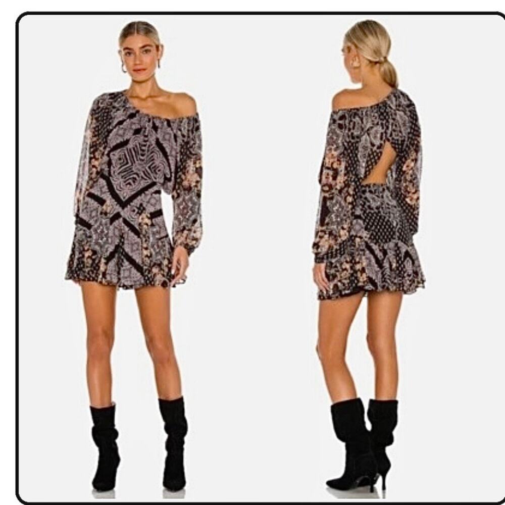 Free People Seven Wonders Mini Dress black multicolor print 
Size small